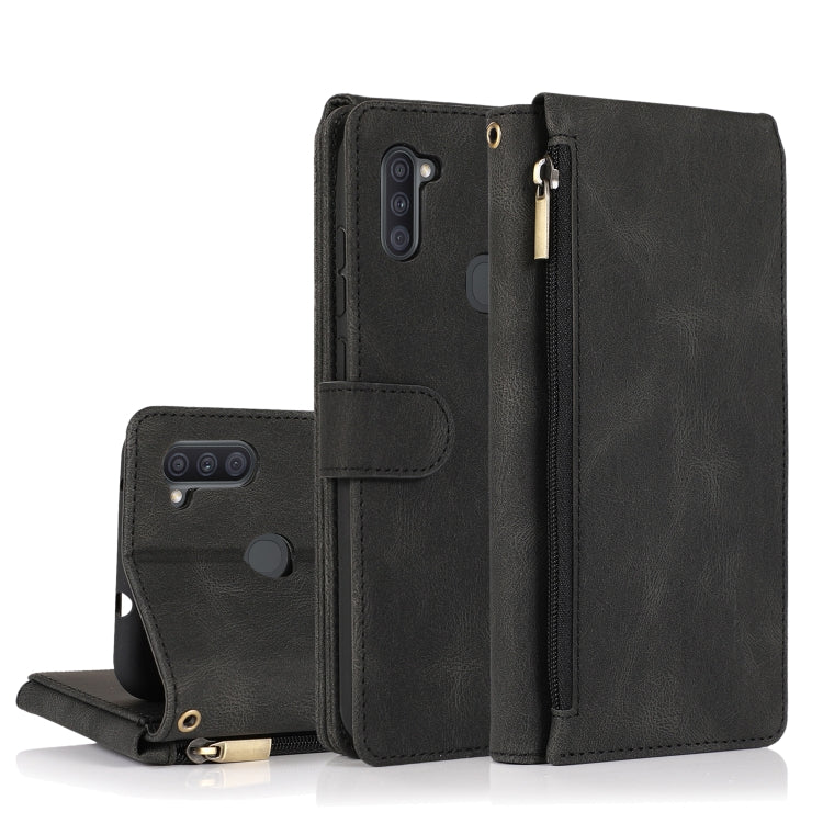 For Samsung Galaxy A11 Skin-feel Crazy Horse Texture Zipper Wallet Bag Horizontal Flip Leather Case with Holder & Card Slots & Wallet & Lanyard