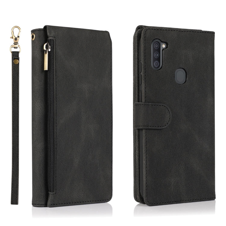 For Samsung Galaxy A11 Skin-feel Crazy Horse Texture Zipper Wallet Bag Horizontal Flip Leather Case with Holder & Card Slots & Wallet & Lanyard