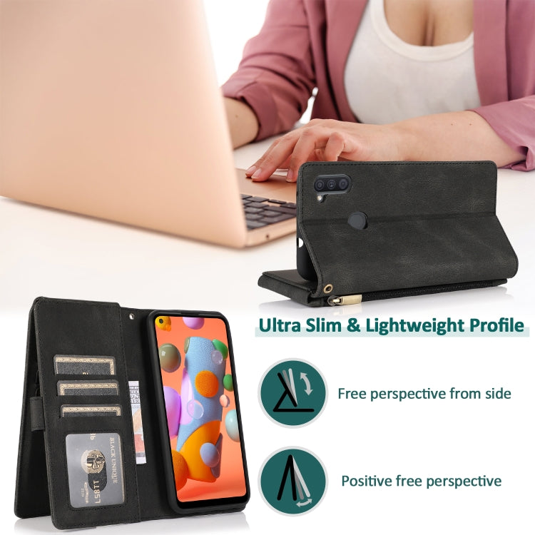 For Samsung Galaxy A11 Skin-feel Crazy Horse Texture Zipper Wallet Bag Horizontal Flip Leather Case with Holder & Card Slots & Wallet & Lanyard