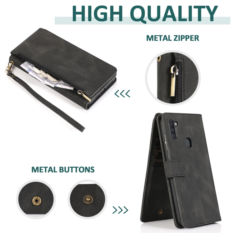 For Samsung Galaxy A11 Skin-feel Crazy Horse Texture Zipper Wallet Bag Horizontal Flip Leather Case with Holder & Card Slots & Wallet & Lanyard
