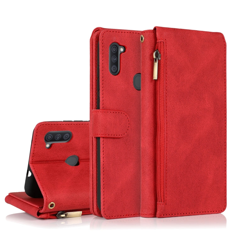 For Samsung Galaxy A11 Skin-feel Crazy Horse Texture Zipper Wallet Bag Horizontal Flip Leather Case with Holder & Card Slots & Wallet & Lanyard