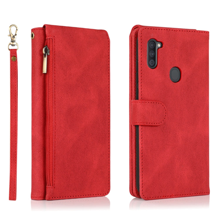 For Samsung Galaxy A11 Skin-feel Crazy Horse Texture Zipper Wallet Bag Horizontal Flip Leather Case with Holder & Card Slots & Wallet & Lanyard