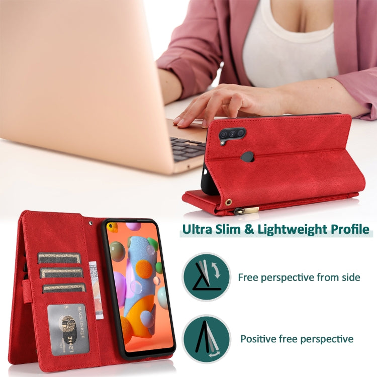 For Samsung Galaxy A11 Skin-feel Crazy Horse Texture Zipper Wallet Bag Horizontal Flip Leather Case with Holder & Card Slots & Wallet & Lanyard