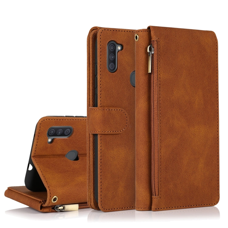 For Samsung Galaxy A11 Skin-feel Crazy Horse Texture Zipper Wallet Bag Horizontal Flip Leather Case with Holder & Card Slots & Wallet & Lanyard