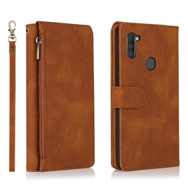 For Samsung Galaxy A11 Skin-feel Crazy Horse Texture Zipper Wallet Bag Horizontal Flip Leather Case with Holder & Card Slots & Wallet & Lanyard