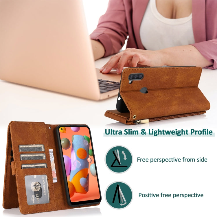 For Samsung Galaxy A11 Skin-feel Crazy Horse Texture Zipper Wallet Bag Horizontal Flip Leather Case with Holder & Card Slots & Wallet & Lanyard