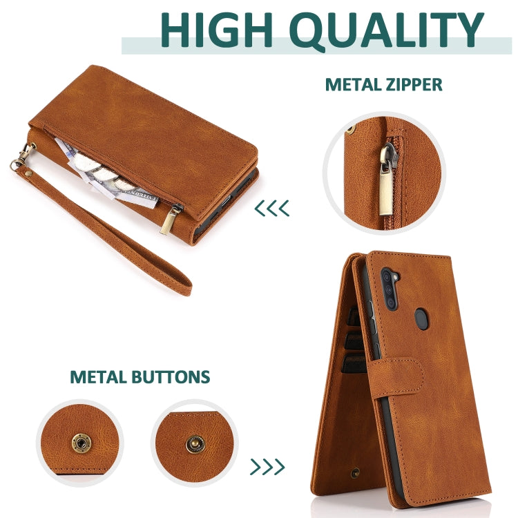 For Samsung Galaxy A11 Skin-feel Crazy Horse Texture Zipper Wallet Bag Horizontal Flip Leather Case with Holder & Card Slots & Wallet & Lanyard