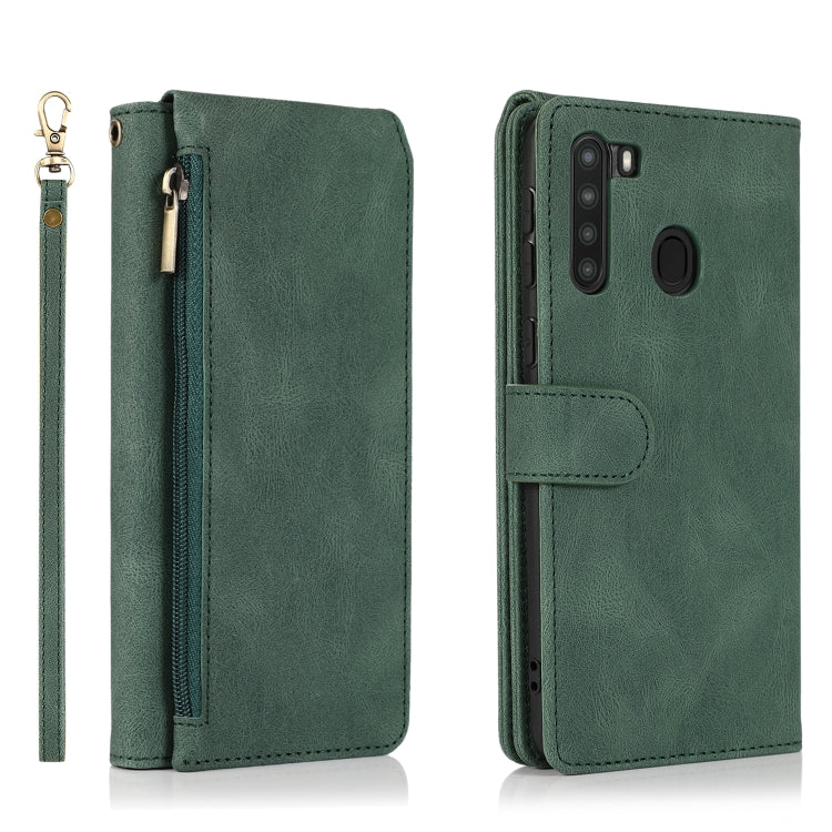 For Samsung Galaxy A21 Skin-feel Crazy Horse Texture Zipper Wallet Bag Horizontal Flip Leather Case with Holder & Card Slots & Wallet & Lanyard