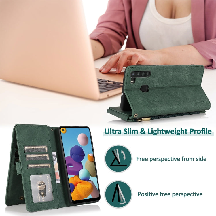 For Samsung Galaxy A21 Skin-feel Crazy Horse Texture Zipper Wallet Bag Horizontal Flip Leather Case with Holder & Card Slots & Wallet & Lanyard