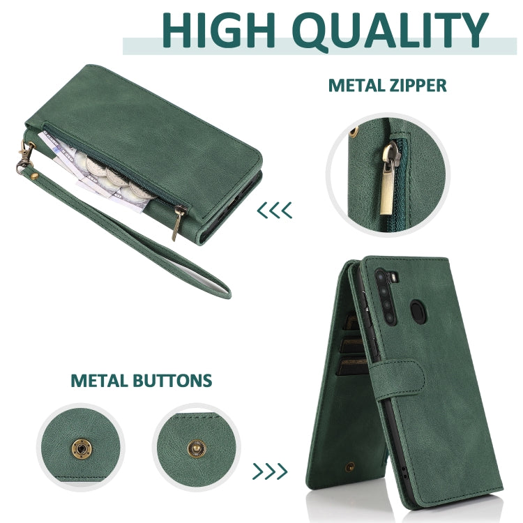 For Samsung Galaxy A21 Skin-feel Crazy Horse Texture Zipper Wallet Bag Horizontal Flip Leather Case with Holder & Card Slots & Wallet & Lanyard