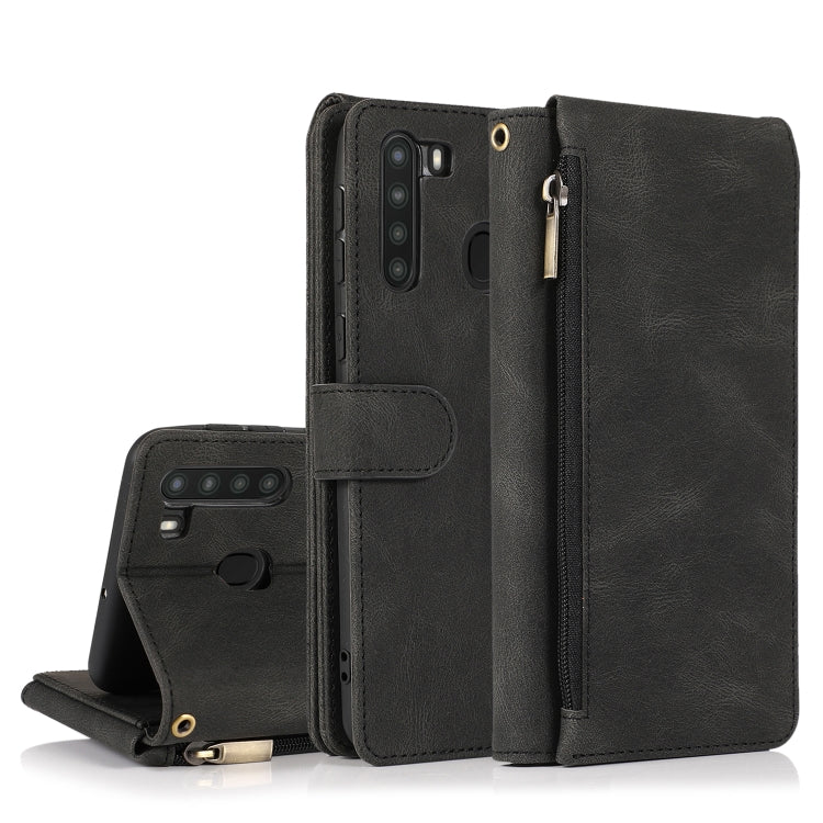 For Samsung Galaxy A21 Skin-feel Crazy Horse Texture Zipper Wallet Bag Horizontal Flip Leather Case with Holder & Card Slots & Wallet & Lanyard