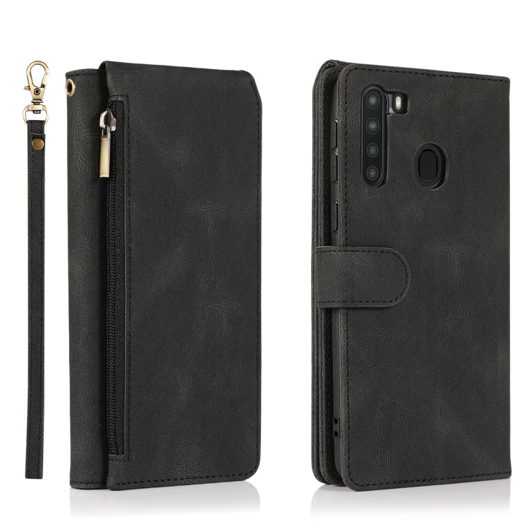 For Samsung Galaxy A21 Skin-feel Crazy Horse Texture Zipper Wallet Bag Horizontal Flip Leather Case with Holder & Card Slots & Wallet & Lanyard