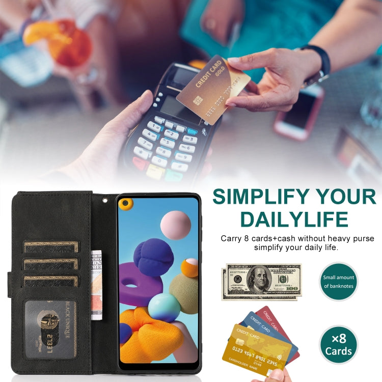 For Samsung Galaxy A21 Skin-feel Crazy Horse Texture Zipper Wallet Bag Horizontal Flip Leather Case with Holder & Card Slots & Wallet & Lanyard