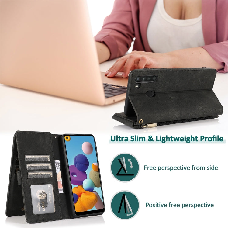 For Samsung Galaxy A21 Skin-feel Crazy Horse Texture Zipper Wallet Bag Horizontal Flip Leather Case with Holder & Card Slots & Wallet & Lanyard