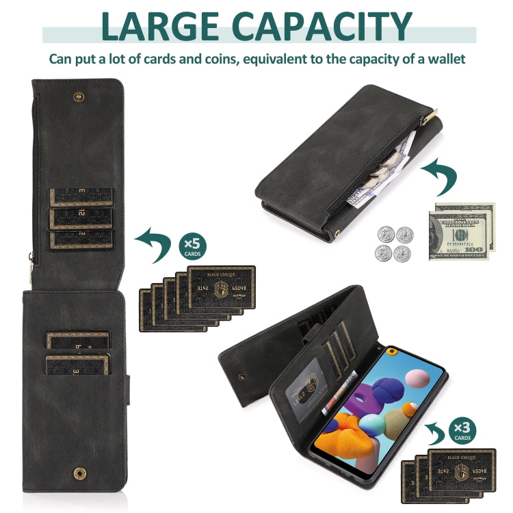 For Samsung Galaxy A21 Skin-feel Crazy Horse Texture Zipper Wallet Bag Horizontal Flip Leather Case with Holder & Card Slots & Wallet & Lanyard
