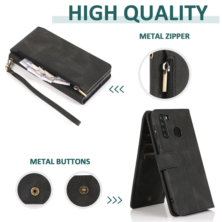 For Samsung Galaxy A21 Skin-feel Crazy Horse Texture Zipper Wallet Bag Horizontal Flip Leather Case with Holder & Card Slots & Wallet & Lanyard
