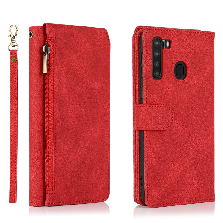 For Samsung Galaxy A21 Skin-feel Crazy Horse Texture Zipper Wallet Bag Horizontal Flip Leather Case with Holder & Card Slots & Wallet & Lanyard