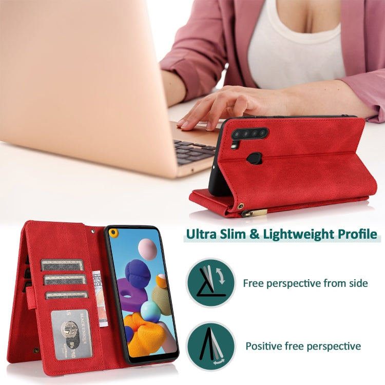 For Samsung Galaxy A21 Skin-feel Crazy Horse Texture Zipper Wallet Bag Horizontal Flip Leather Case with Holder & Card Slots & Wallet & Lanyard