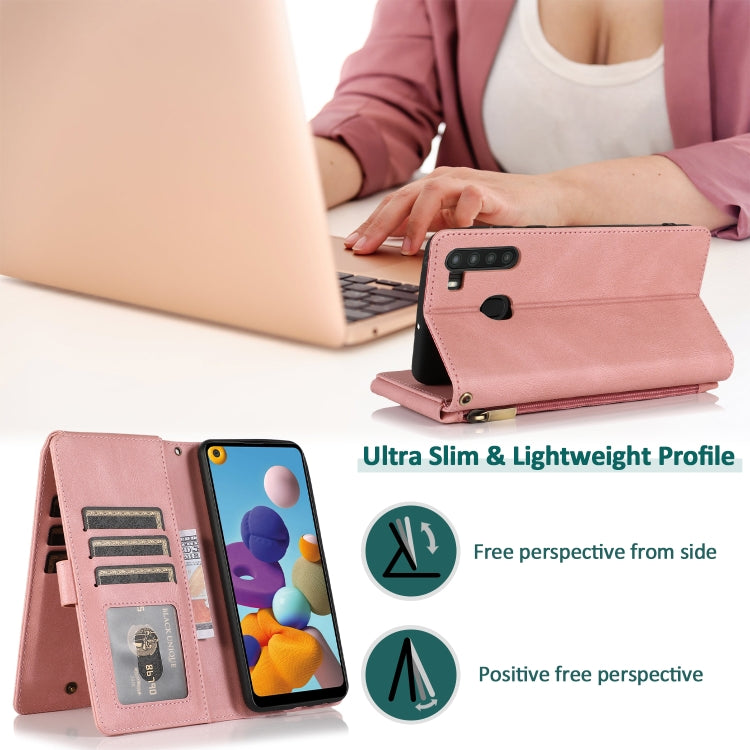 For Samsung Galaxy A21 Skin-feel Crazy Horse Texture Zipper Wallet Bag Horizontal Flip Leather Case with Holder & Card Slots & Wallet & Lanyard