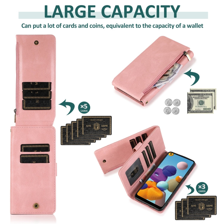 For Samsung Galaxy A21 Skin-feel Crazy Horse Texture Zipper Wallet Bag Horizontal Flip Leather Case with Holder & Card Slots & Wallet & Lanyard