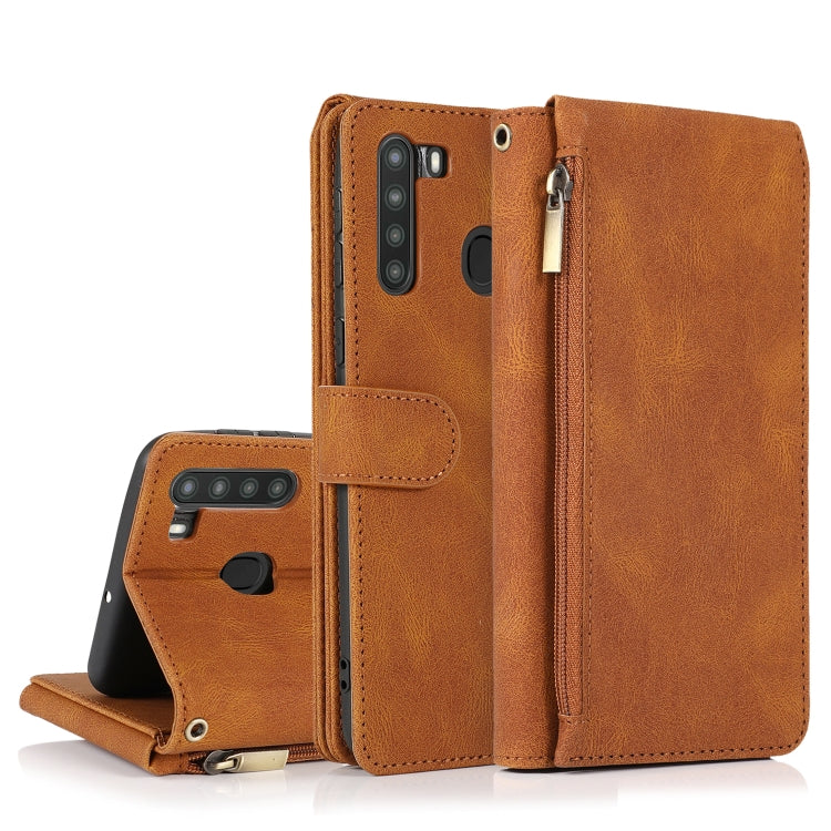 For Samsung Galaxy A21 Skin-feel Crazy Horse Texture Zipper Wallet Bag Horizontal Flip Leather Case with Holder & Card Slots & Wallet & Lanyard