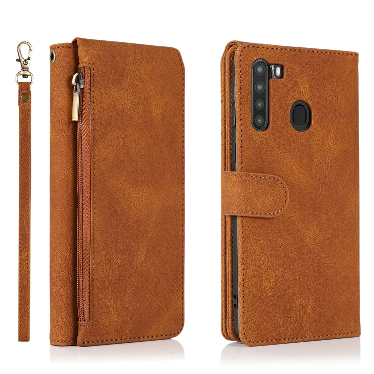 For Samsung Galaxy A21 Skin-feel Crazy Horse Texture Zipper Wallet Bag Horizontal Flip Leather Case with Holder & Card Slots & Wallet & Lanyard