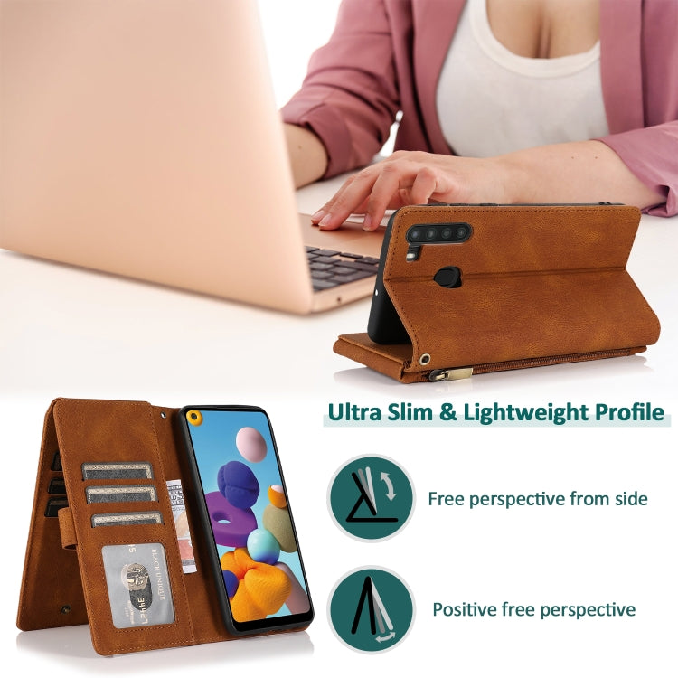 For Samsung Galaxy A21 Skin-feel Crazy Horse Texture Zipper Wallet Bag Horizontal Flip Leather Case with Holder & Card Slots & Wallet & Lanyard