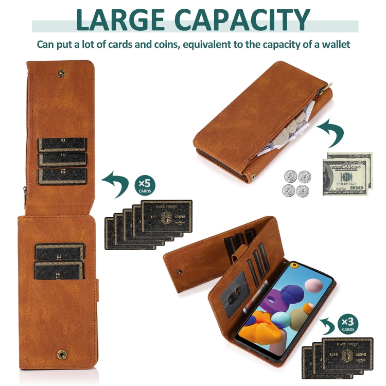 For Samsung Galaxy A21 Skin-feel Crazy Horse Texture Zipper Wallet Bag Horizontal Flip Leather Case with Holder & Card Slots & Wallet & Lanyard
