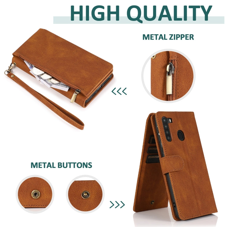 For Samsung Galaxy A21 Skin-feel Crazy Horse Texture Zipper Wallet Bag Horizontal Flip Leather Case with Holder & Card Slots & Wallet & Lanyard