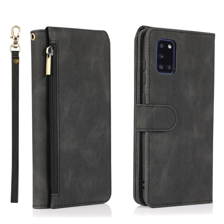 For Samsung Galaxy A31 Skin-feel Crazy Horse Texture Zipper Wallet Bag Horizontal Flip Leather Case with Holder & Card Slots & Wallet & Lanyard