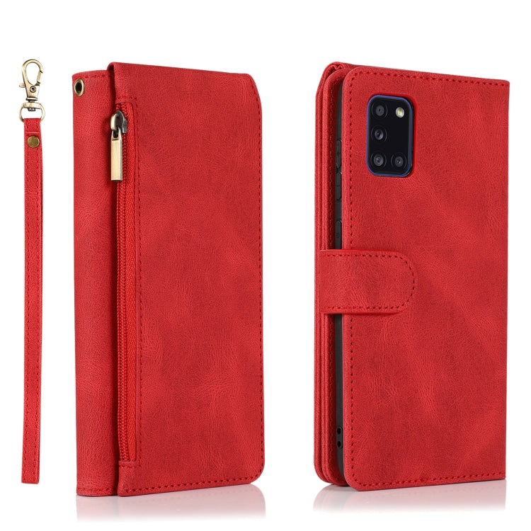 For Samsung Galaxy A31 Skin-feel Crazy Horse Texture Zipper Wallet Bag Horizontal Flip Leather Case with Holder & Card Slots & Wallet & Lanyard