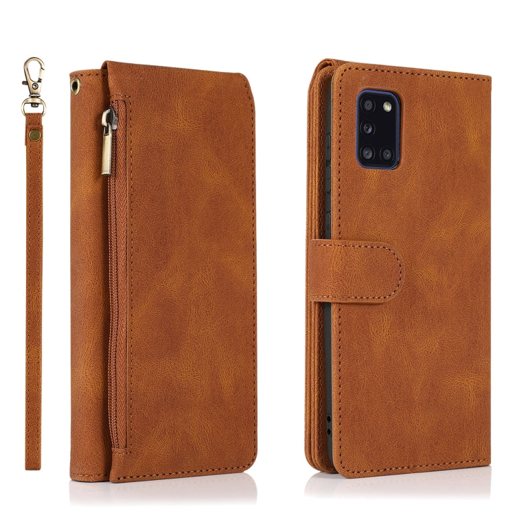For Samsung Galaxy A31 Skin-feel Crazy Horse Texture Zipper Wallet Bag Horizontal Flip Leather Case with Holder & Card Slots & Wallet & Lanyard