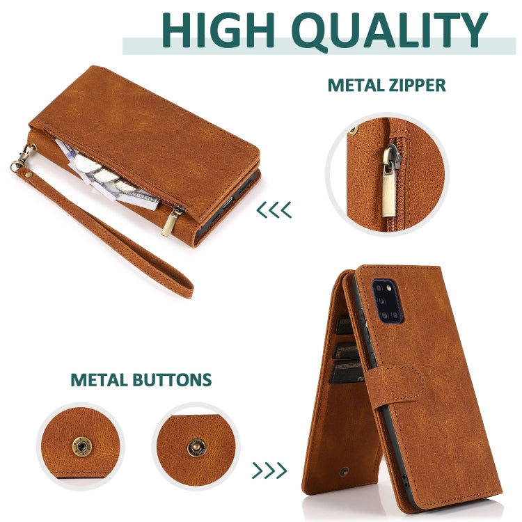 For Samsung Galaxy A31 Skin-feel Crazy Horse Texture Zipper Wallet Bag Horizontal Flip Leather Case with Holder & Card Slots & Wallet & Lanyard