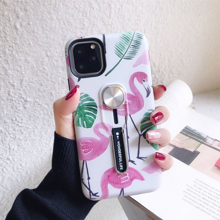 For iPhone 11 Flamingo Painting Shockproof Multi-functional Invisible Ring Holder Protective Case with Vehicle Magnetic Sheet