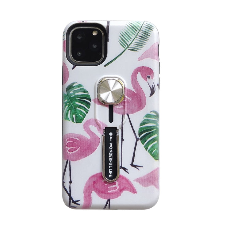 For iPhone 11 Flamingo Painting Shockproof Multi-functional Invisible Ring Holder Protective Case with Vehicle Magnetic Sheet