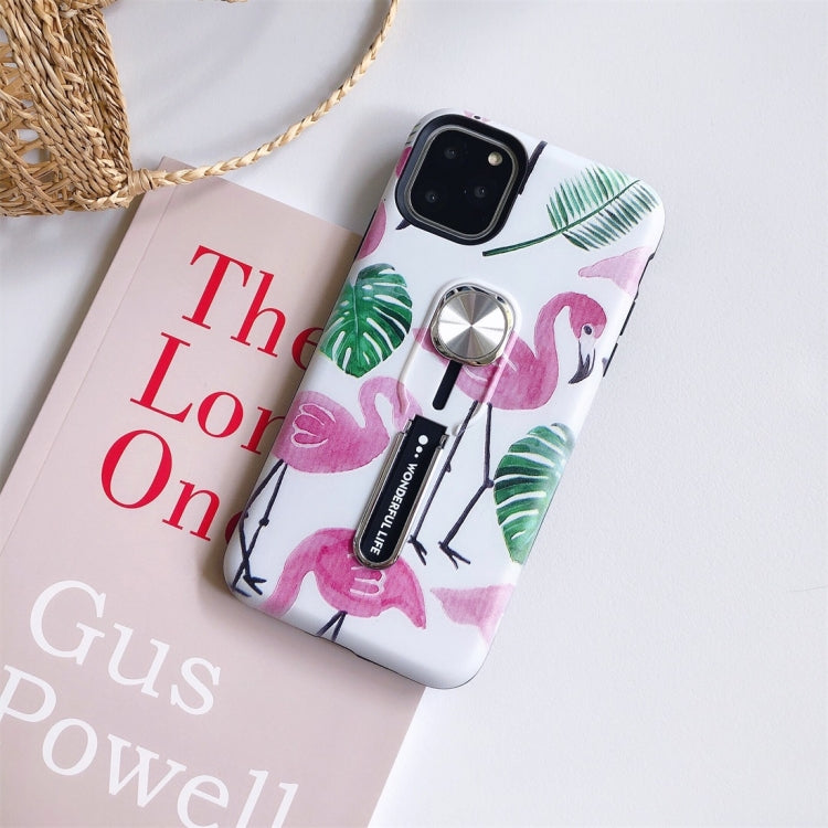 For iPhone 11 Flamingo Painting Shockproof Multi-functional Invisible Ring Holder Protective Case with Vehicle Magnetic Sheet