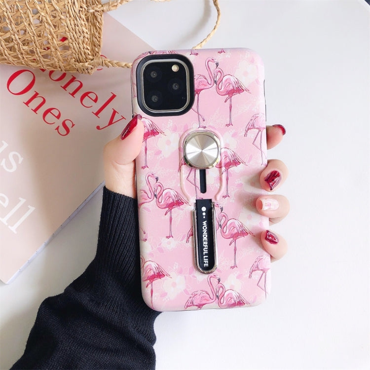 For iPhone 11 Flamingo Painting Shockproof Multi-functional Invisible Ring Holder Protective Case with Vehicle Magnetic Sheet