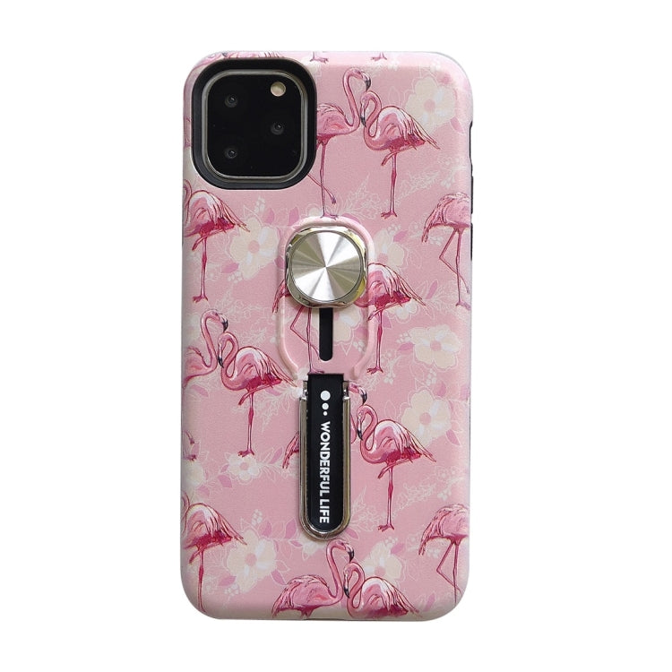 For iPhone 11 Flamingo Painting Shockproof Multi-functional Invisible Ring Holder Protective Case with Vehicle Magnetic Sheet