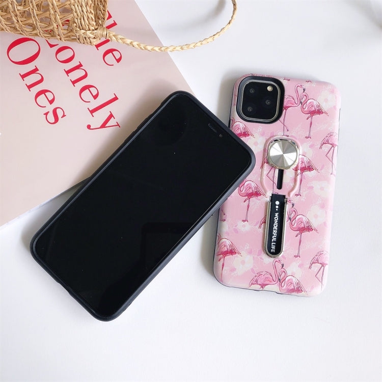 For iPhone 11 Flamingo Painting Shockproof Multi-functional Invisible Ring Holder Protective Case with Vehicle Magnetic Sheet