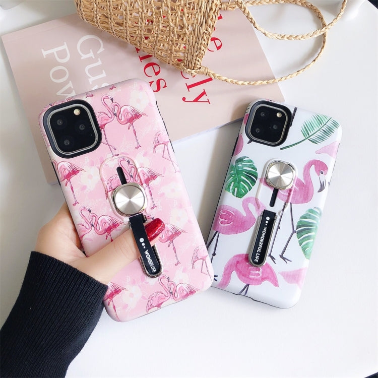 For iPhone 11 Flamingo Painting Shockproof Multi-functional Invisible Ring Holder Protective Case with Vehicle Magnetic Sheet