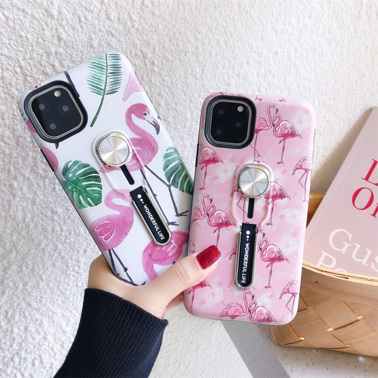 For iPhone 11 Flamingo Painting Shockproof Multi-functional Invisible Ring Holder Protective Case with Vehicle Magnetic Sheet