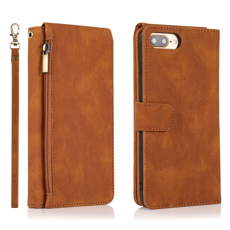 Skin-feel Crazy Horse Texture Zipper Wallet Bag Horizontal Flip Leather Case with Holder & Card Slots & Wallet & Lanyard For iPhone 8 Plus / 7 Plus