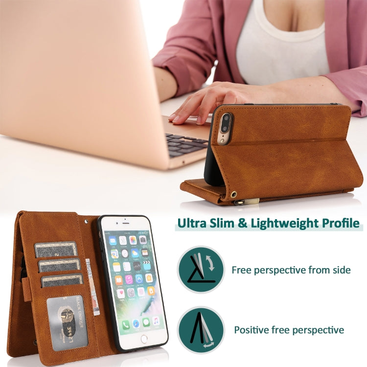 Skin-feel Crazy Horse Texture Zipper Wallet Bag Horizontal Flip Leather Case with Holder & Card Slots & Wallet & Lanyard For iPhone 8 Plus / 7 Plus