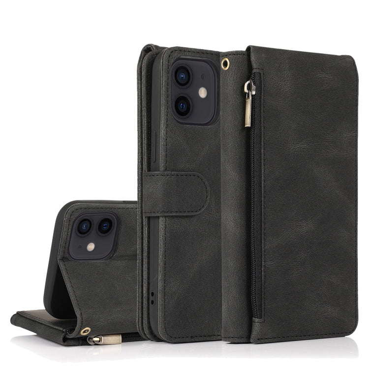 For iPhone 12 mini Skin-feel Crazy Horse Texture Zipper Wallet Bag Horizontal Flip Leather Case with Holder & Card Slots & Wallet & Lanyard