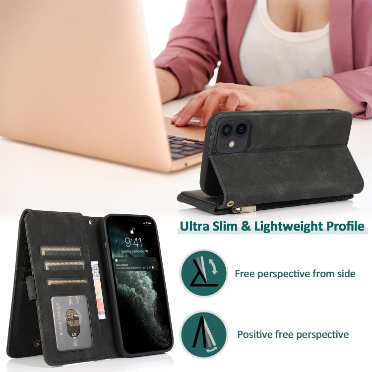 For iPhone 12 mini Skin-feel Crazy Horse Texture Zipper Wallet Bag Horizontal Flip Leather Case with Holder & Card Slots & Wallet & Lanyard