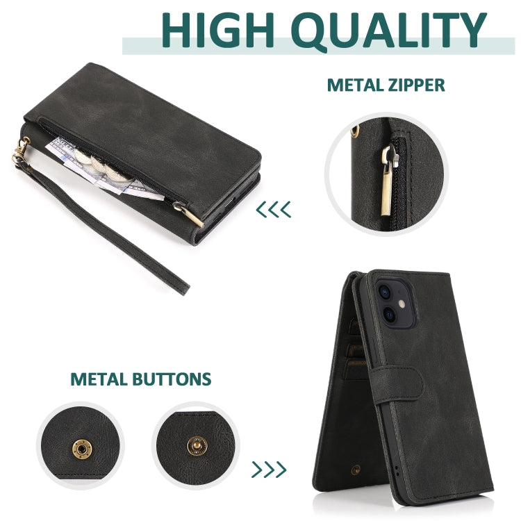 For iPhone 12 mini Skin-feel Crazy Horse Texture Zipper Wallet Bag Horizontal Flip Leather Case with Holder & Card Slots & Wallet & Lanyard