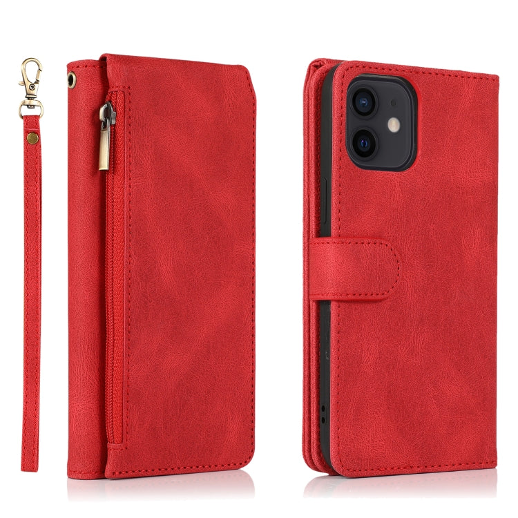 For iPhone 12 mini Skin-feel Crazy Horse Texture Zipper Wallet Bag Horizontal Flip Leather Case with Holder & Card Slots & Wallet & Lanyard
