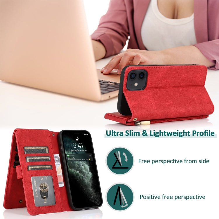 For iPhone 12 mini Skin-feel Crazy Horse Texture Zipper Wallet Bag Horizontal Flip Leather Case with Holder & Card Slots & Wallet & Lanyard