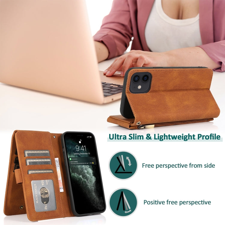 For iPhone 12 mini Skin-feel Crazy Horse Texture Zipper Wallet Bag Horizontal Flip Leather Case with Holder & Card Slots & Wallet & Lanyard