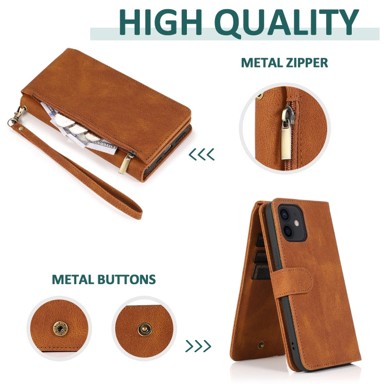 For iPhone 12 mini Skin-feel Crazy Horse Texture Zipper Wallet Bag Horizontal Flip Leather Case with Holder & Card Slots & Wallet & Lanyard